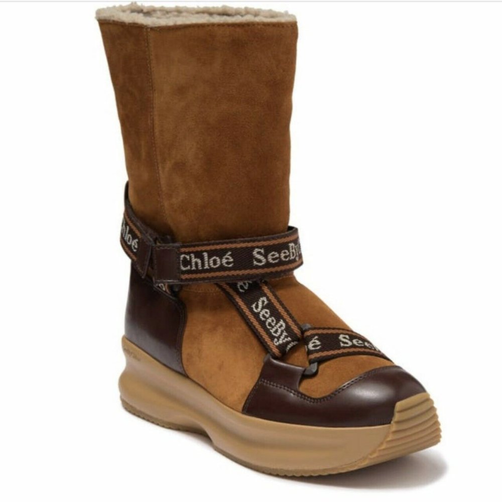 SEE BY CHLOE Branded Strap Faux Fur Lined Ankle Boot MSRP$495 EU 40 in Burgundy